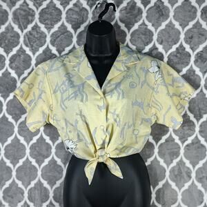 Hilo Hattie Crop Hawaiian Shirt S Yellow Tie Front Abstract Deer Print Aloha VTG